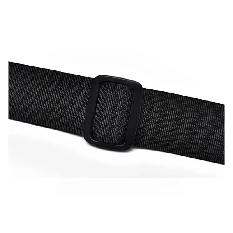 Close-up of a durable black webbing strap with a rectangular buckle, showcasing its strong fabric texture.