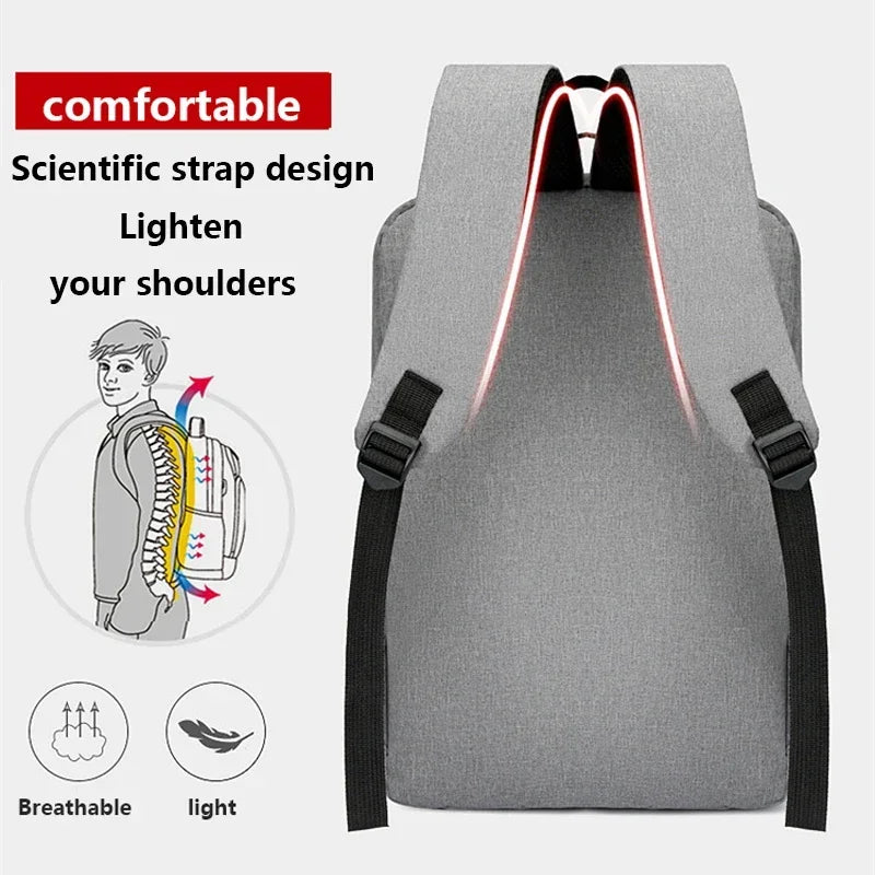 Gray backpack with black straps on a white background, featuring text about comfortable design and scientific strap design.