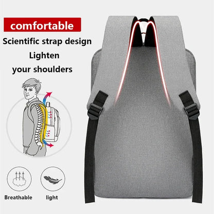 Gray backpack with black straps on a white background, featuring text about comfortable design and scientific strap design.