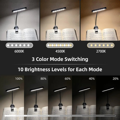 LED reading light with 3 color modes and 10 brightness levels displayed on a book.