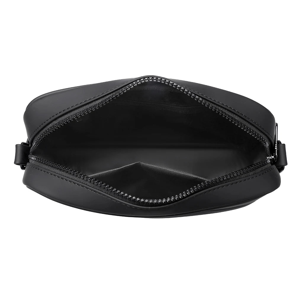 Black leather pouch with zipper on a white background
