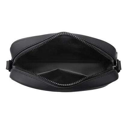 Black leather pouch with zipper on a white background