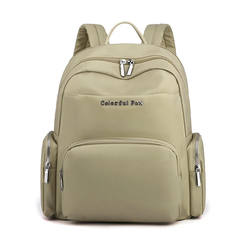 Beige backpack with 'Colorful Fox' branding on a white background