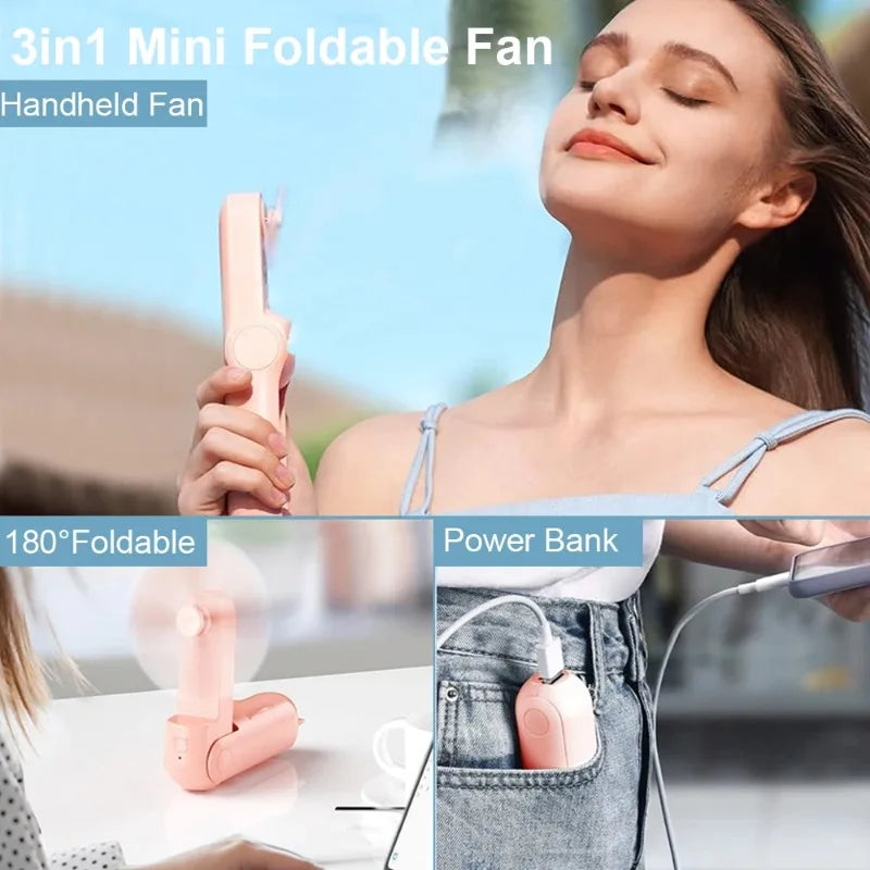 3-in-1 mini foldable fan with power bank function, shown in use and as a power bank.