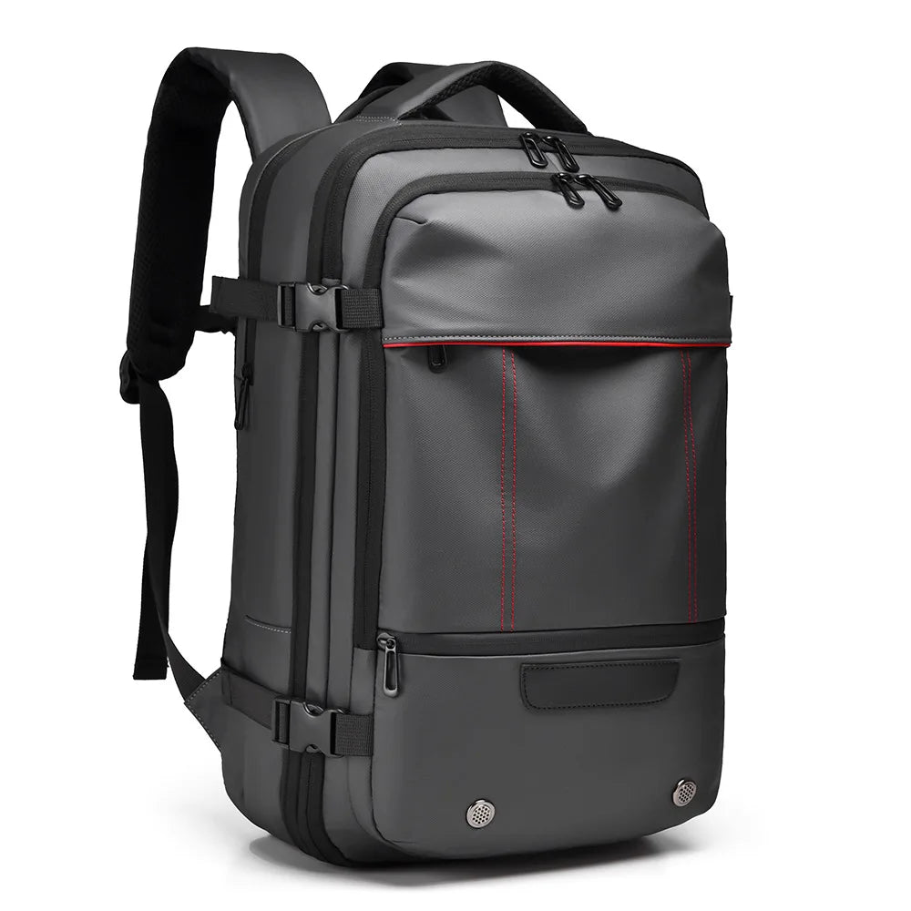 Gray backpack with black straps on a white background
