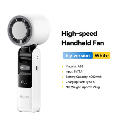 White handheld fan with specifications on a white background