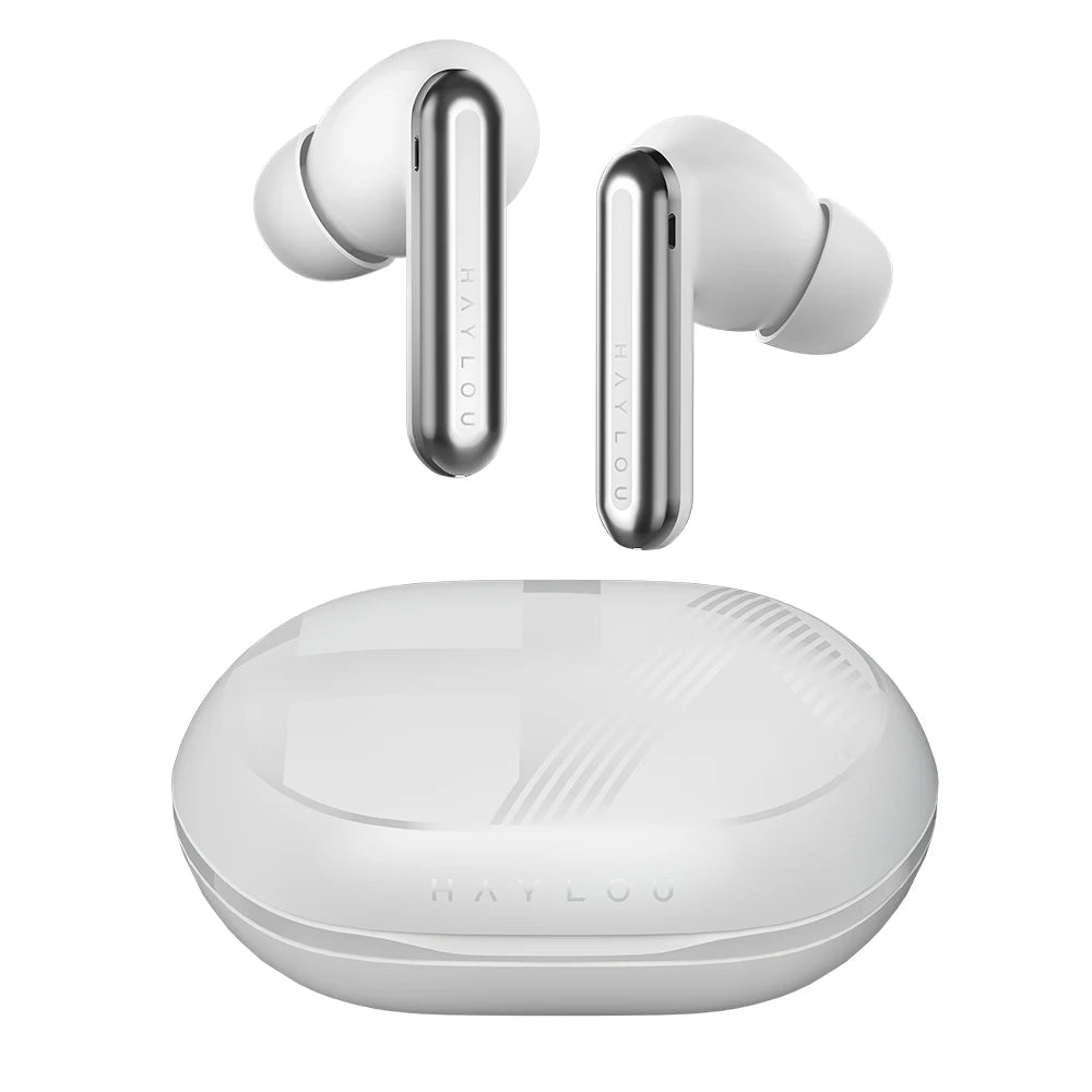 Wireless earbuds with charging case on a white background