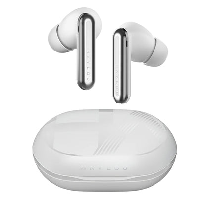 Wireless earbuds with charging case on a white background