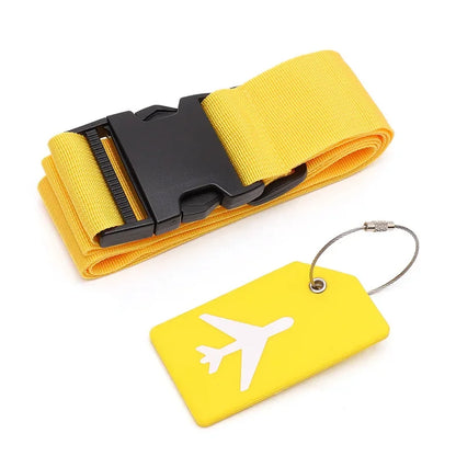 Yellow luggage strap with black buckle and matching luggage tag on a white background