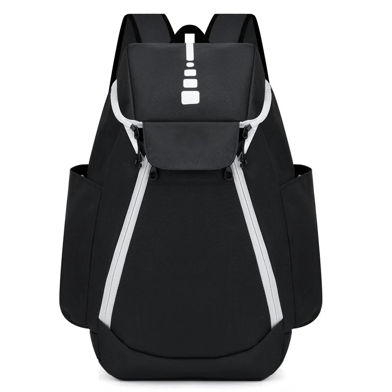 Black backpack with white accents on a white background