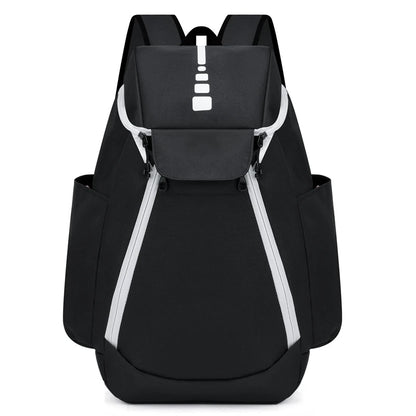 Black backpack with white accents on a white background
