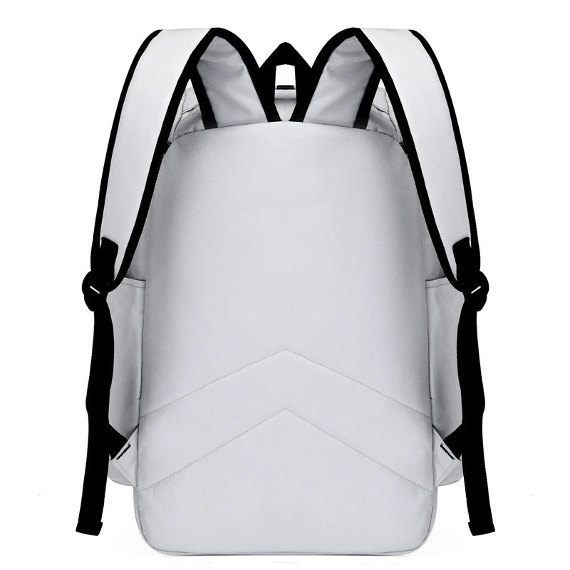 White backpack with black straps on a white background