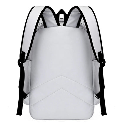 White backpack with black straps on a white background