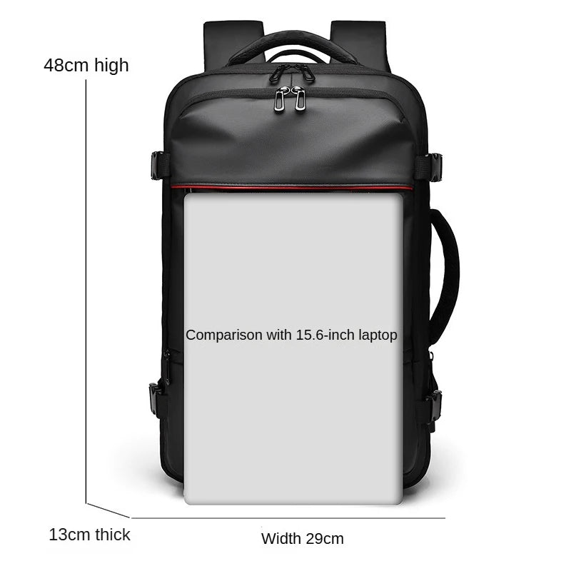 Black backpack with dimensions and laptop comparison on a white background