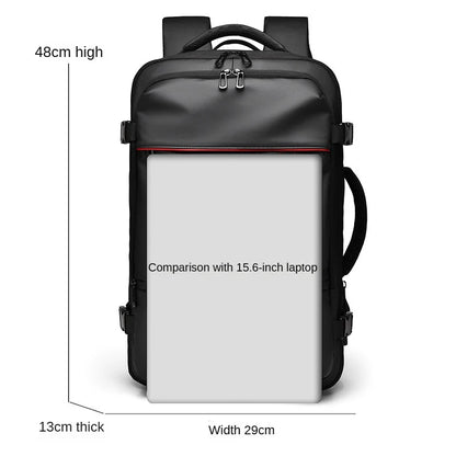 Black backpack with dimensions and laptop comparison on a white background