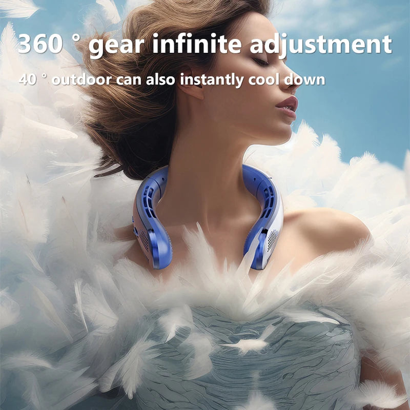Person wearing a blue neck cooling device with text about 360-degree adjustment and instant cooling.