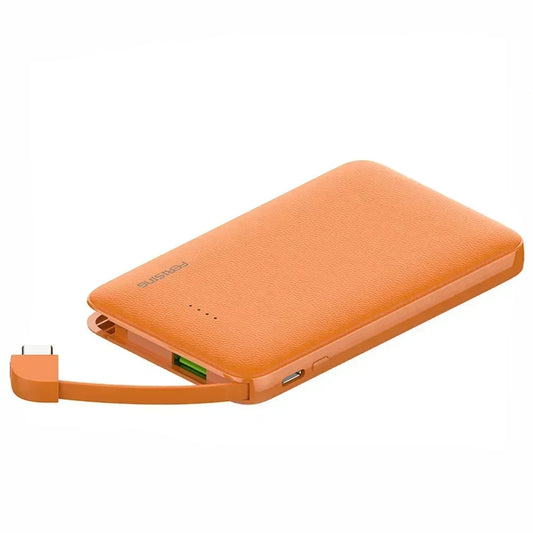Orange power bank with charging cable on a white background, featuring FERISINE branding.