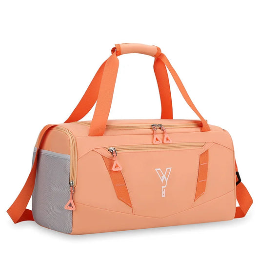 Orange duffel bag with gray side panel on a white background