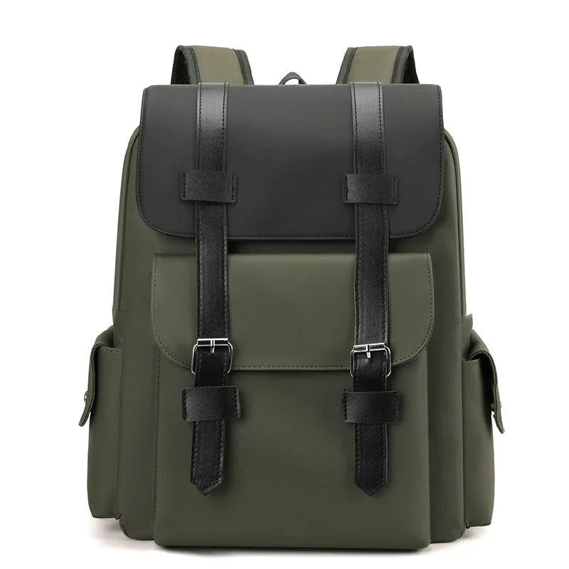 Green and black backpack on a white background