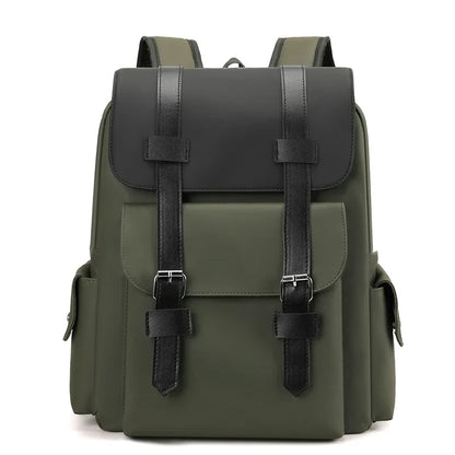 Green and black backpack on a white background