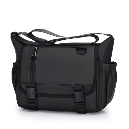 Black shoulder bag with multiple pockets on a white background