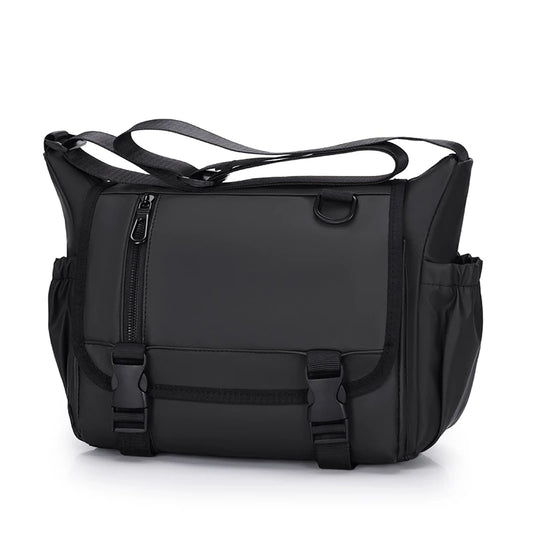 Black shoulder bag with multiple pockets on a white background