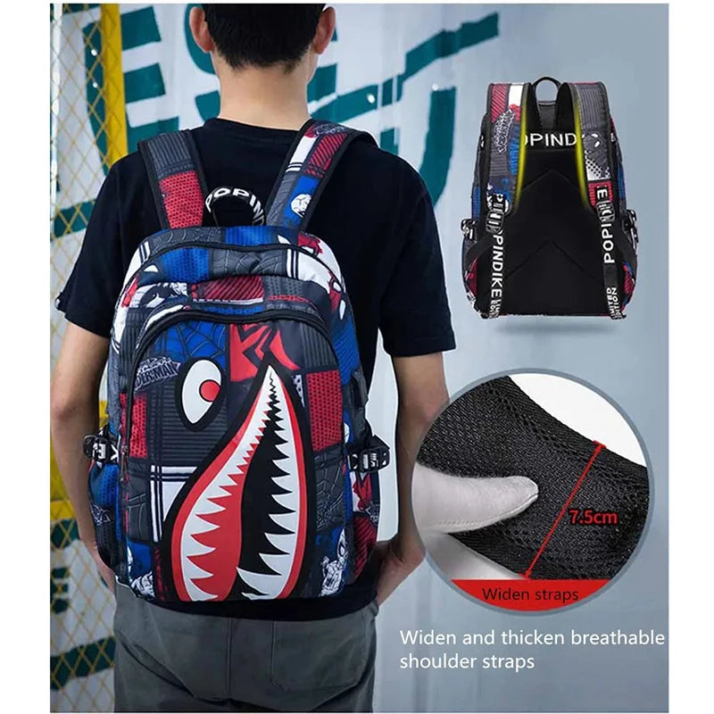 Colorful backpack with shark design worn by a person, close-up of straps, and brand name on a gray background.