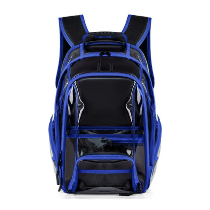 Blue and black backpack on a white background