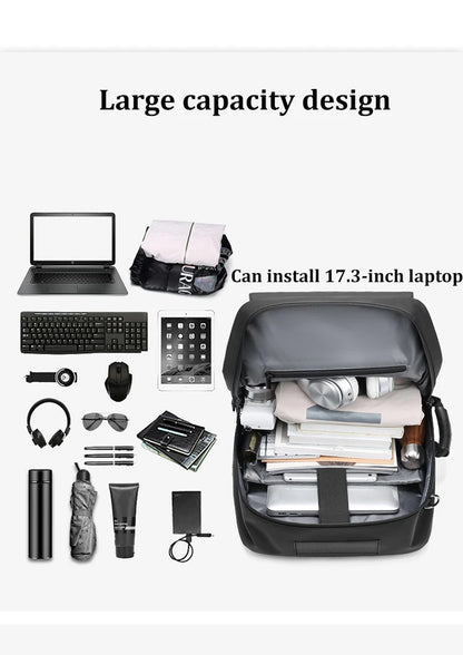 Backpack with various items demonstrating its large capacity on a white background