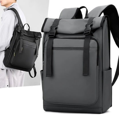 Gray backpack with black accents on a white background
