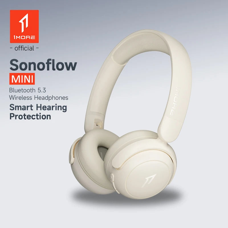 White wireless headphones with '1MORE Sonoflow Mini' branding on a light gray background