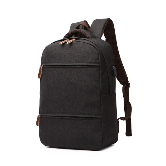 Black backpack with brown accents on a white background