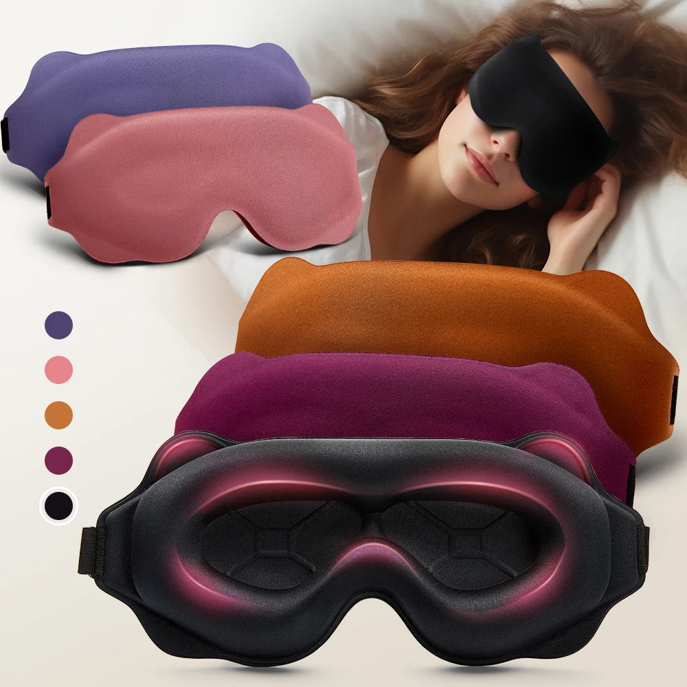 Woman wearing a black sleep mask with colorful options displayed below on a white background.