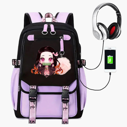 Purple and black backpack with anime character design, headphones, and phone charger on a white background