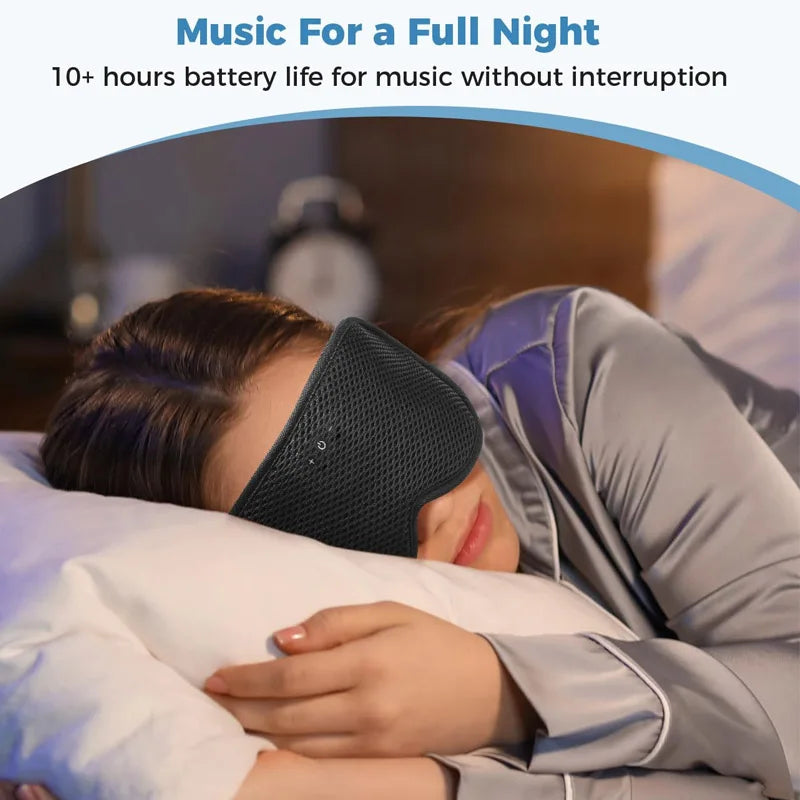 Person wearing a sleep mask with text about music battery life
