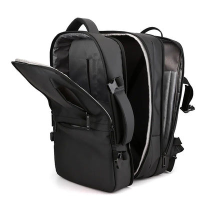 Black backpack with open front compartment on a white background