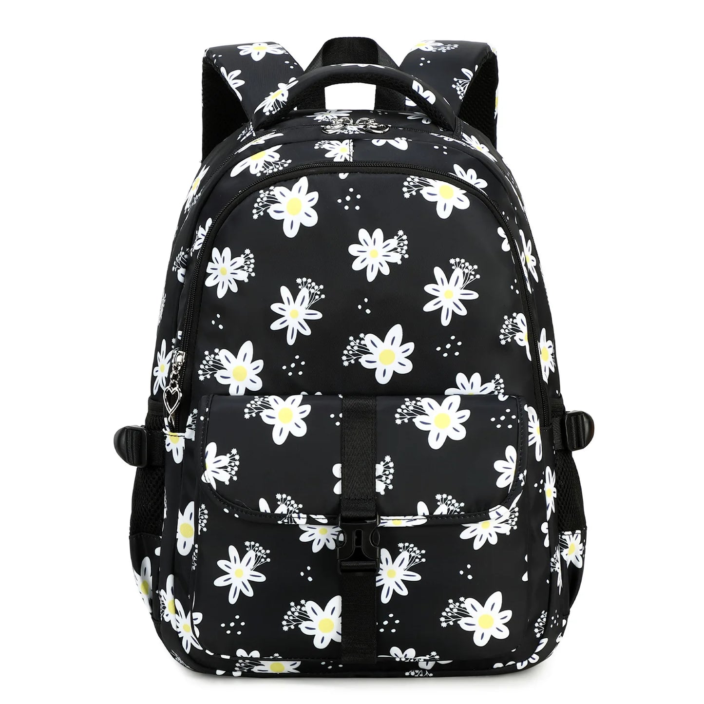 Black backpack with white floral patterns on a white background