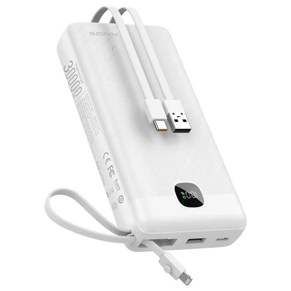 White power bank with USB cable on a white background