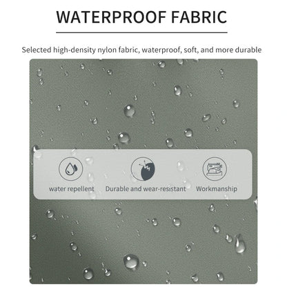 Waterproof fabric with water droplets and text highlighting properties on a gray background