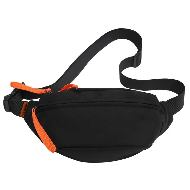 Black waist bag with orange accents on a white background