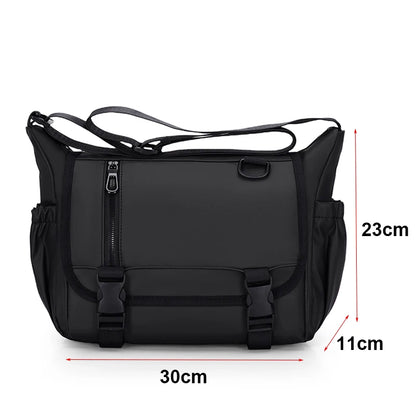Black shoulder bag with measurements on a white background