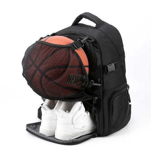Black backpack with a basketball and white sneakers on a white background