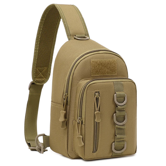 Tan sling bag with multiple pockets and straps on a white background
