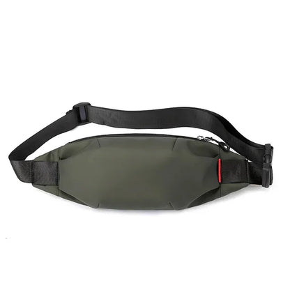 Green waist bag with black strap on a white background