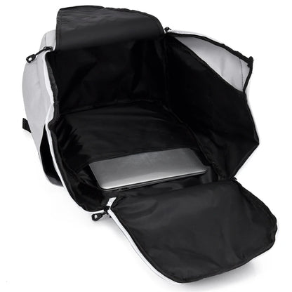 Black and white backpack with a laptop compartment on a white background