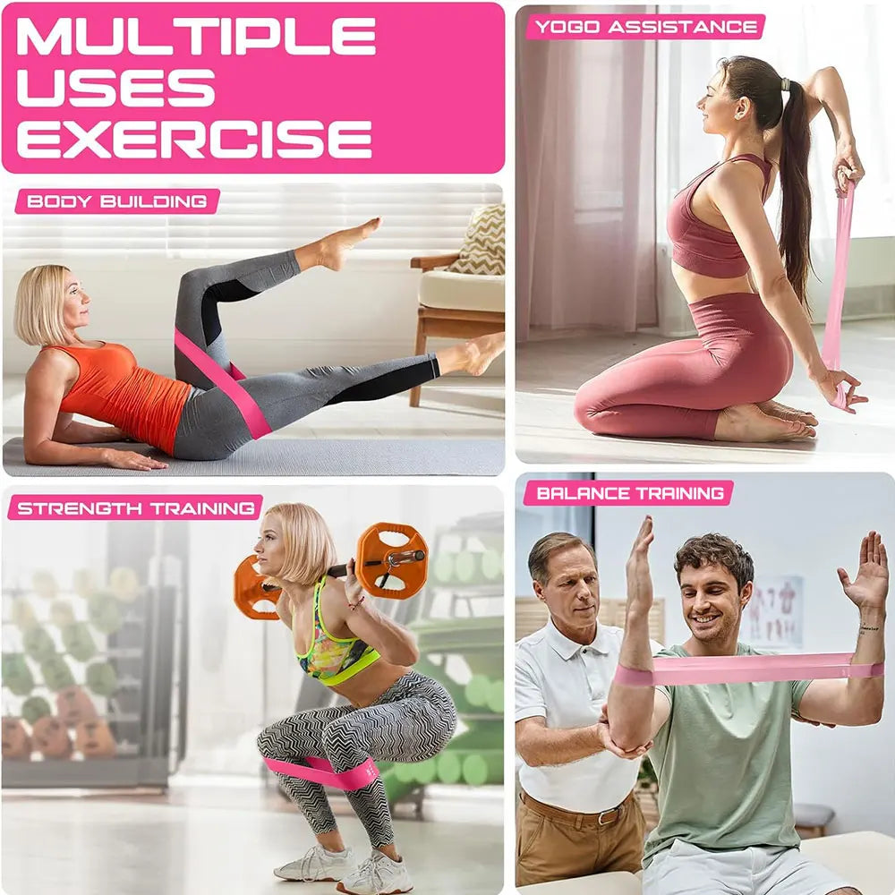 Collage of people using a pink resistance band for various exercises in different settings.