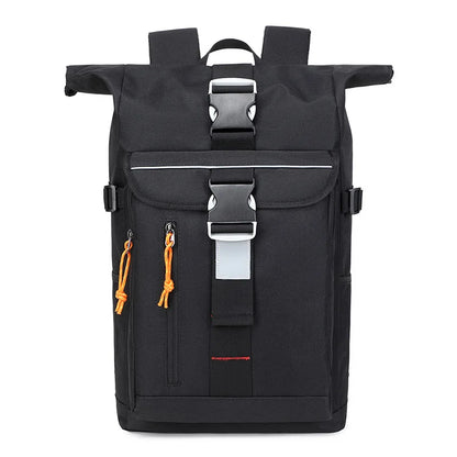 Black backpack with orange accents on a white background