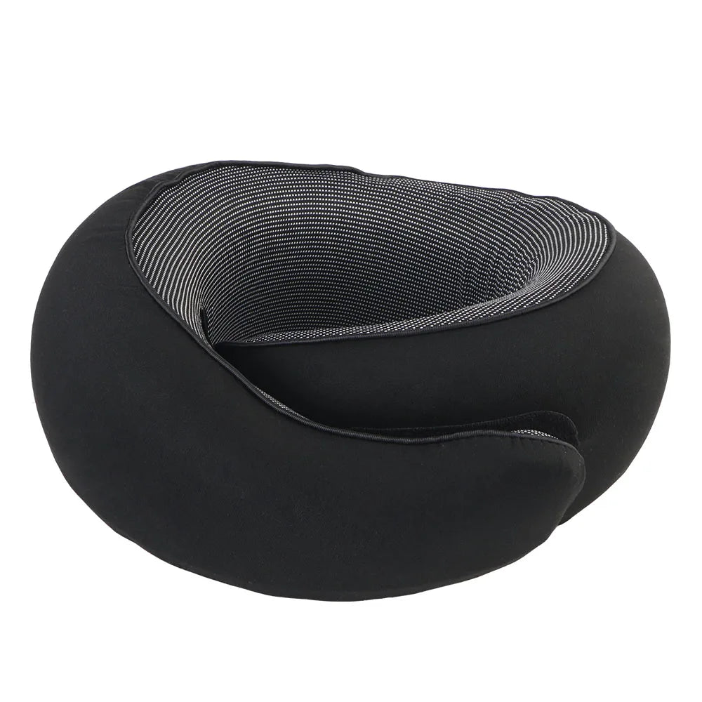 Black travel neck pillow with mesh design on a white background