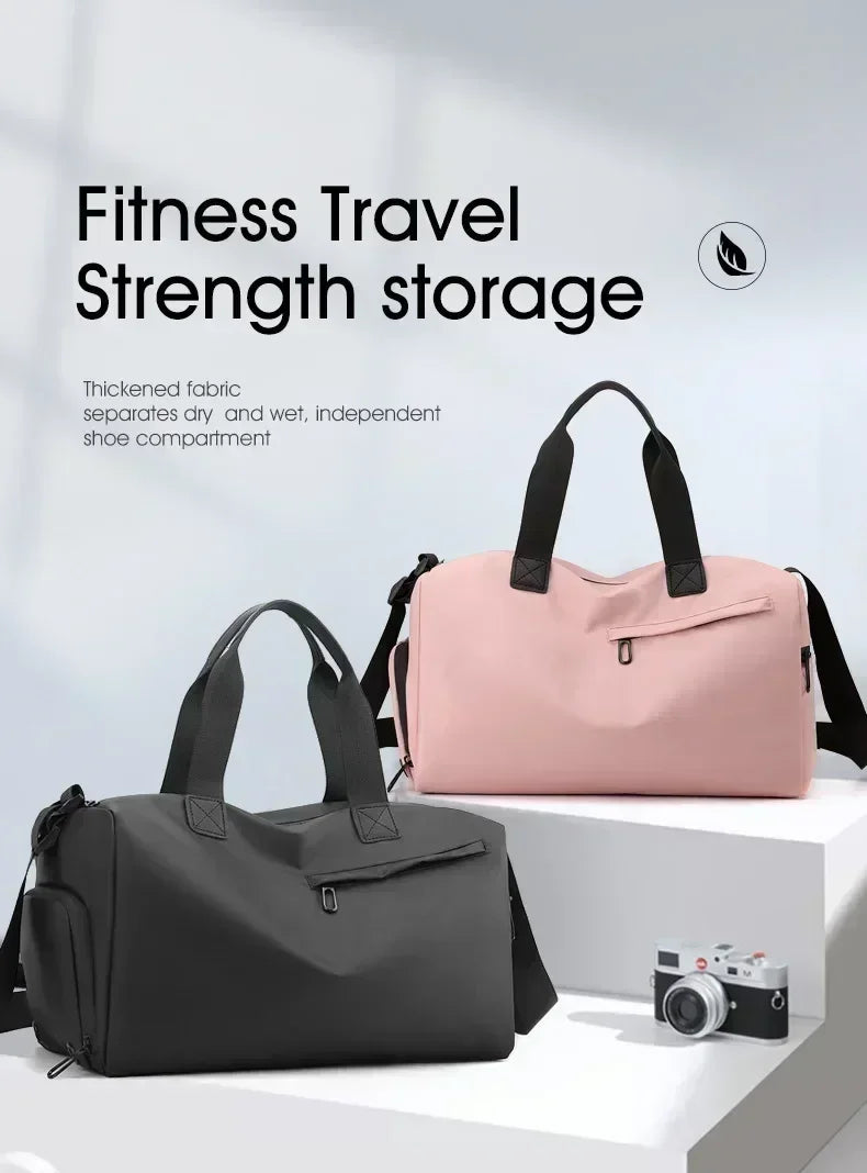 Two travel bags, one black and one pink, on a white surface with text about fitness travel strength storage.
