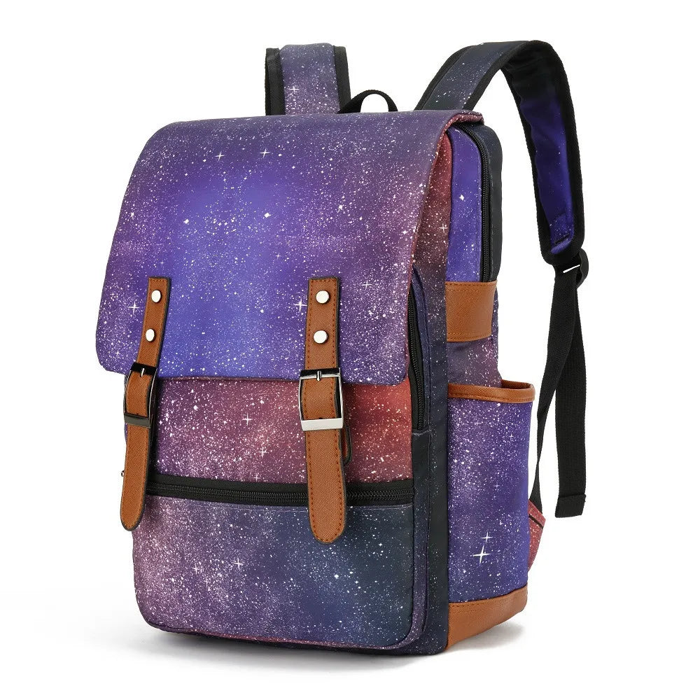 Backpack with galaxy design and brown leather straps on a white background